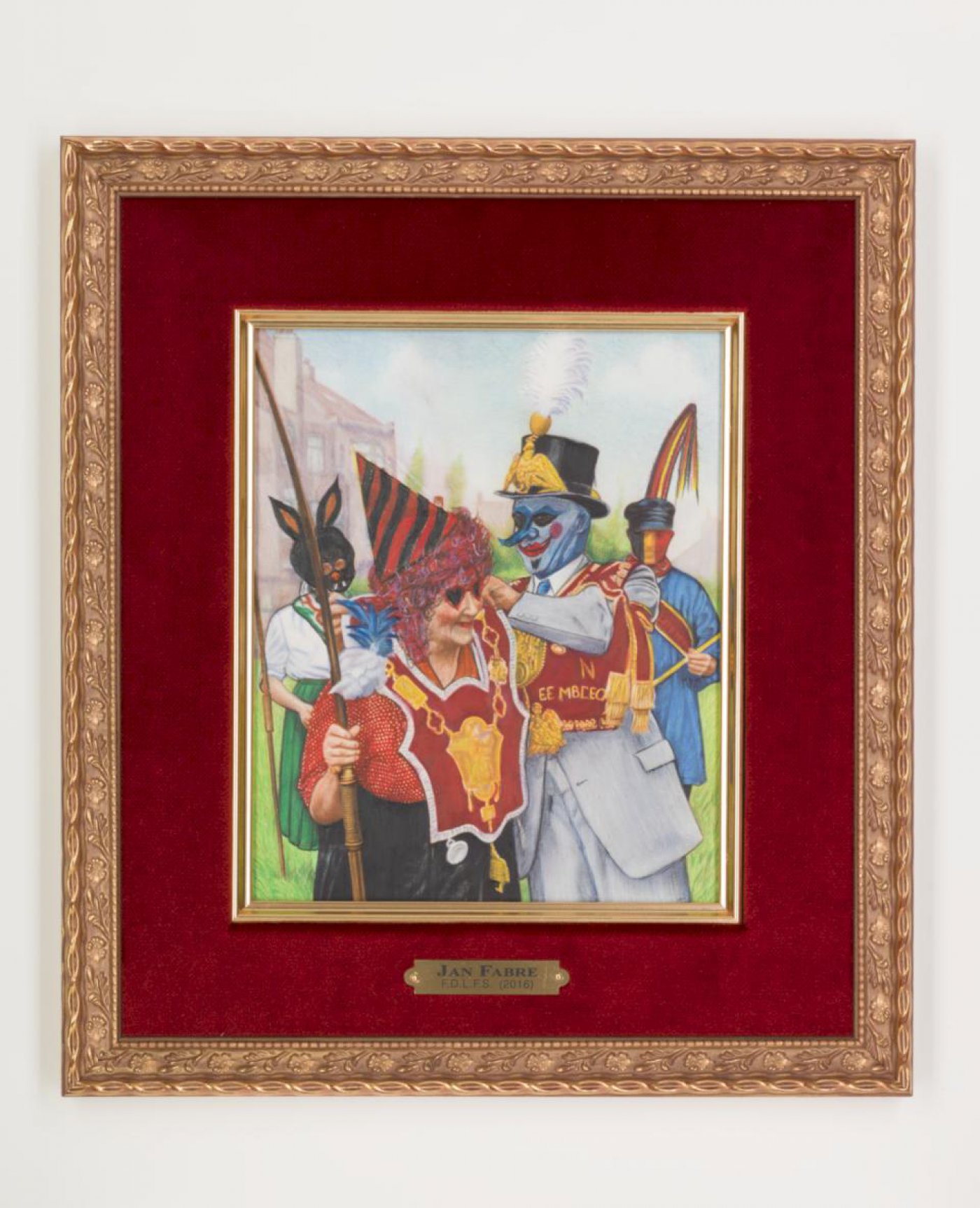 Jan Fabre: Het carnaval van de Brusselse boogschuttersgilde, 2006 - HB pencil, colour pencil and crayons on chromo, gilt frame, red velvet passe partout - 32.9 x 29.3 x 2.2 cm - `Angelos bvba