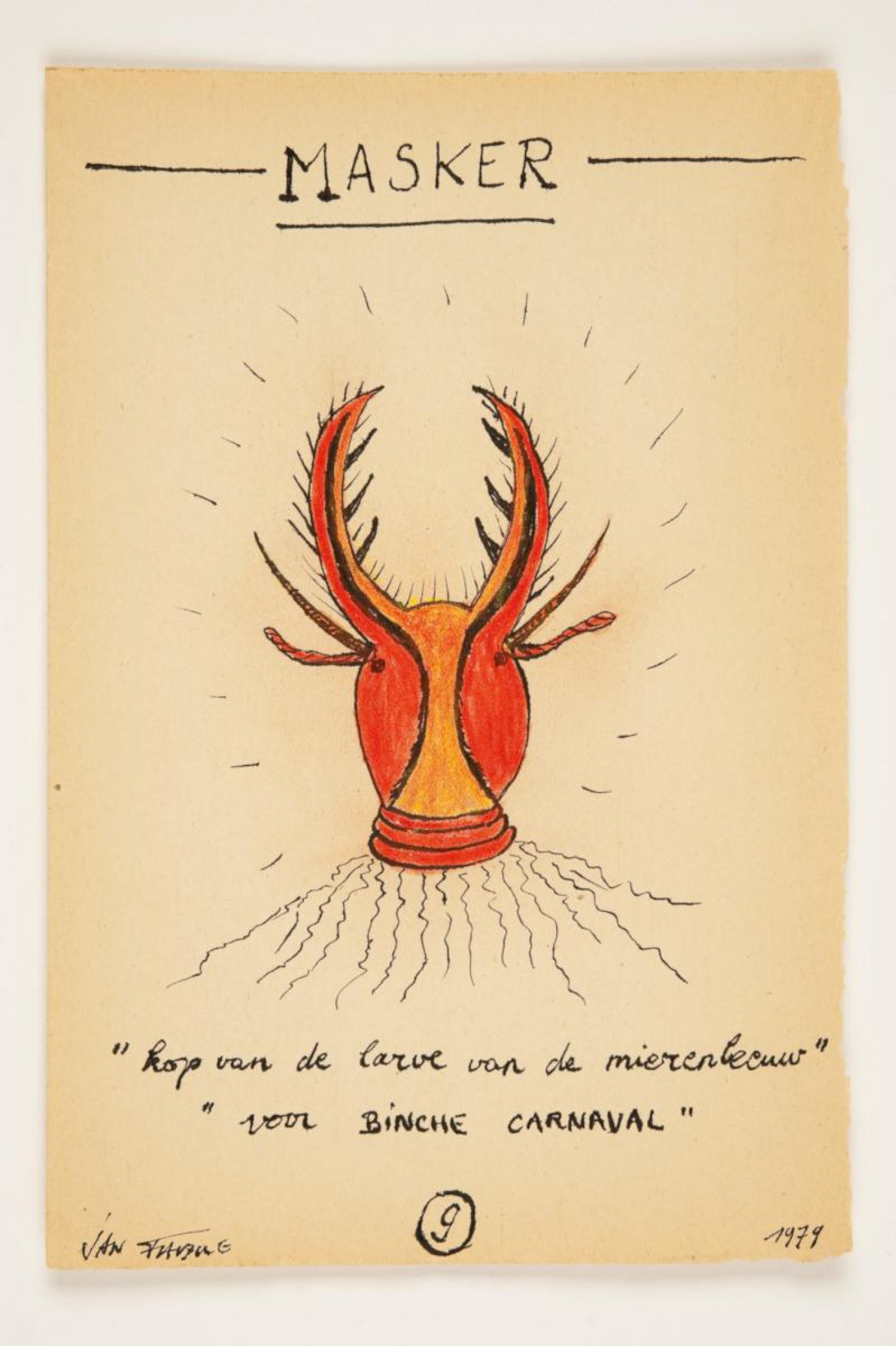 Jan Fabre - EVOLUTIE / TRANSFORMISME �Een rode bosmier op springveren met gespleten tong� - 1979 - Inkt en kleurpotlood op papier, 13,5 x 20 cm - �Angelos bvba 